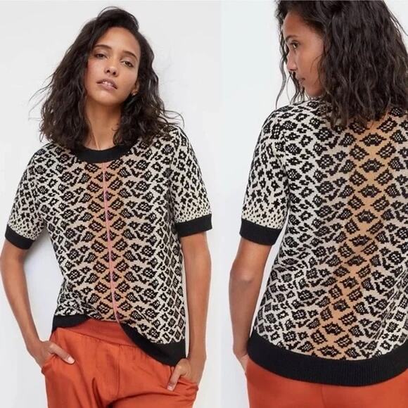 Anthropologie Maeve Ellinor Short Sleeve Leopard Sweater Brown Black XL - Picture 2 of 9